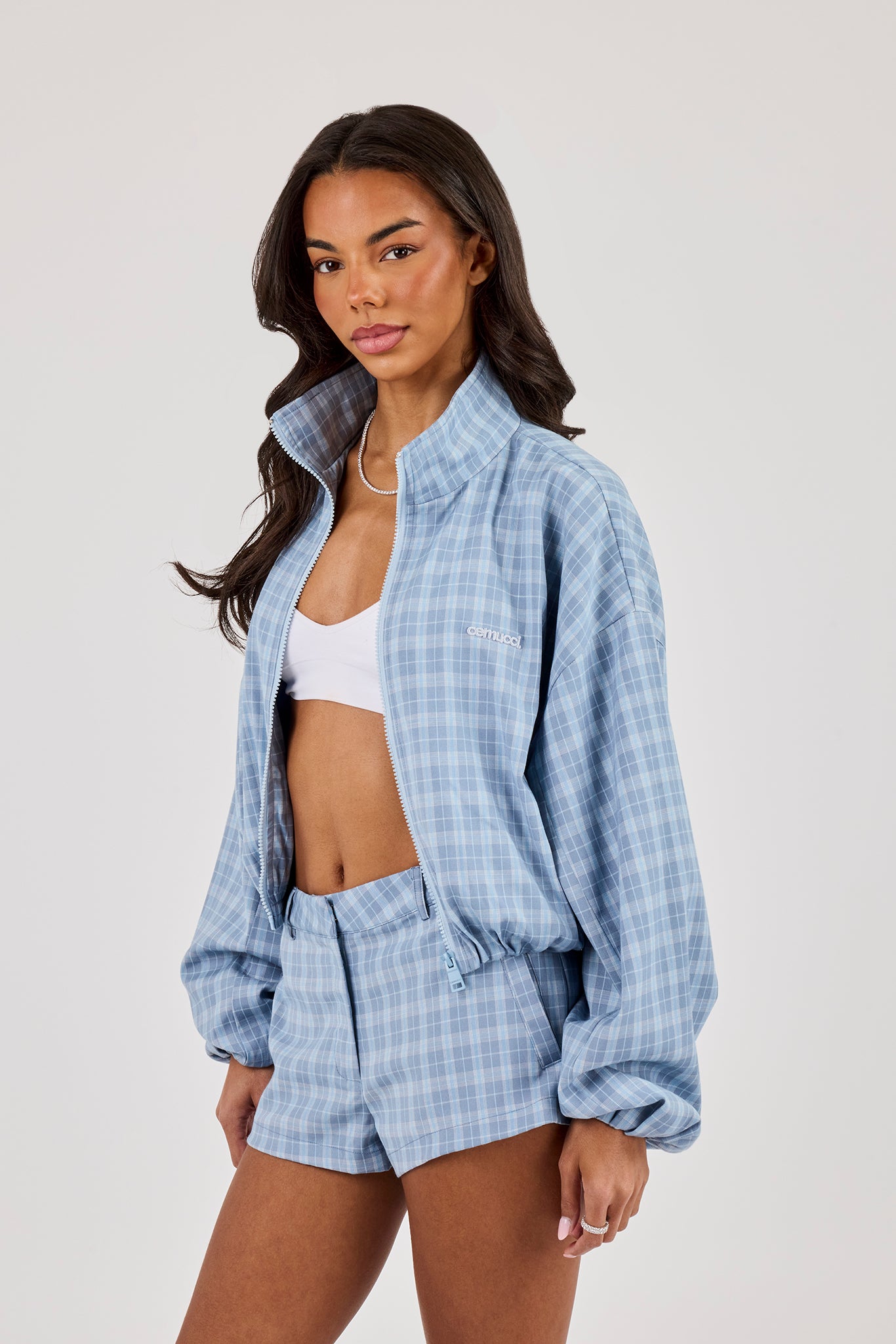 Check Funnel Neck Zip Jacket - Blue